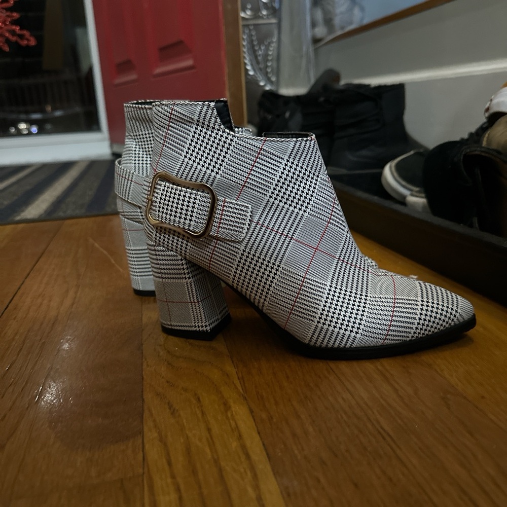 grey and white plaid boots